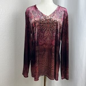VTG Velvet Rhinestone Top Womens‎ Large Red Paisley Y2K Whimsigoth Hippie Artsy